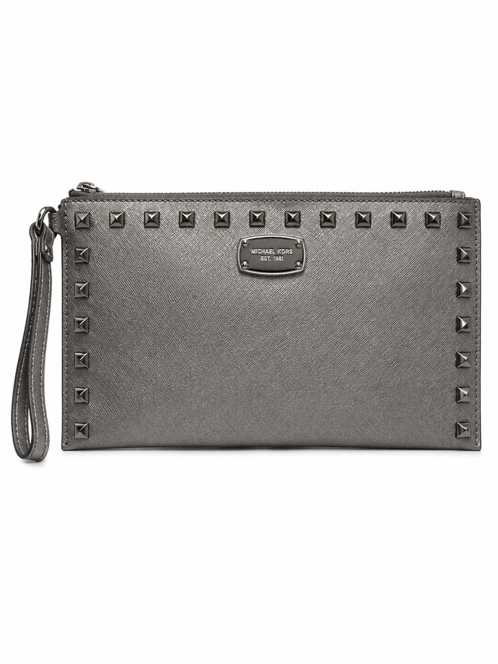 Michael Kors Gunmetal Studded Saffiano Leather Large Zip Wristlet Clutch